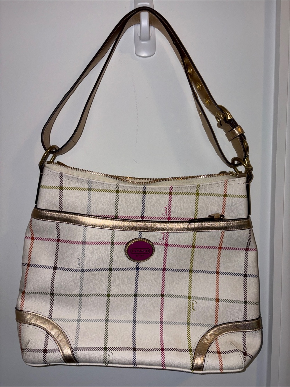 Coach Cream Plaid Shoulder Bag with Multicolor Stripes